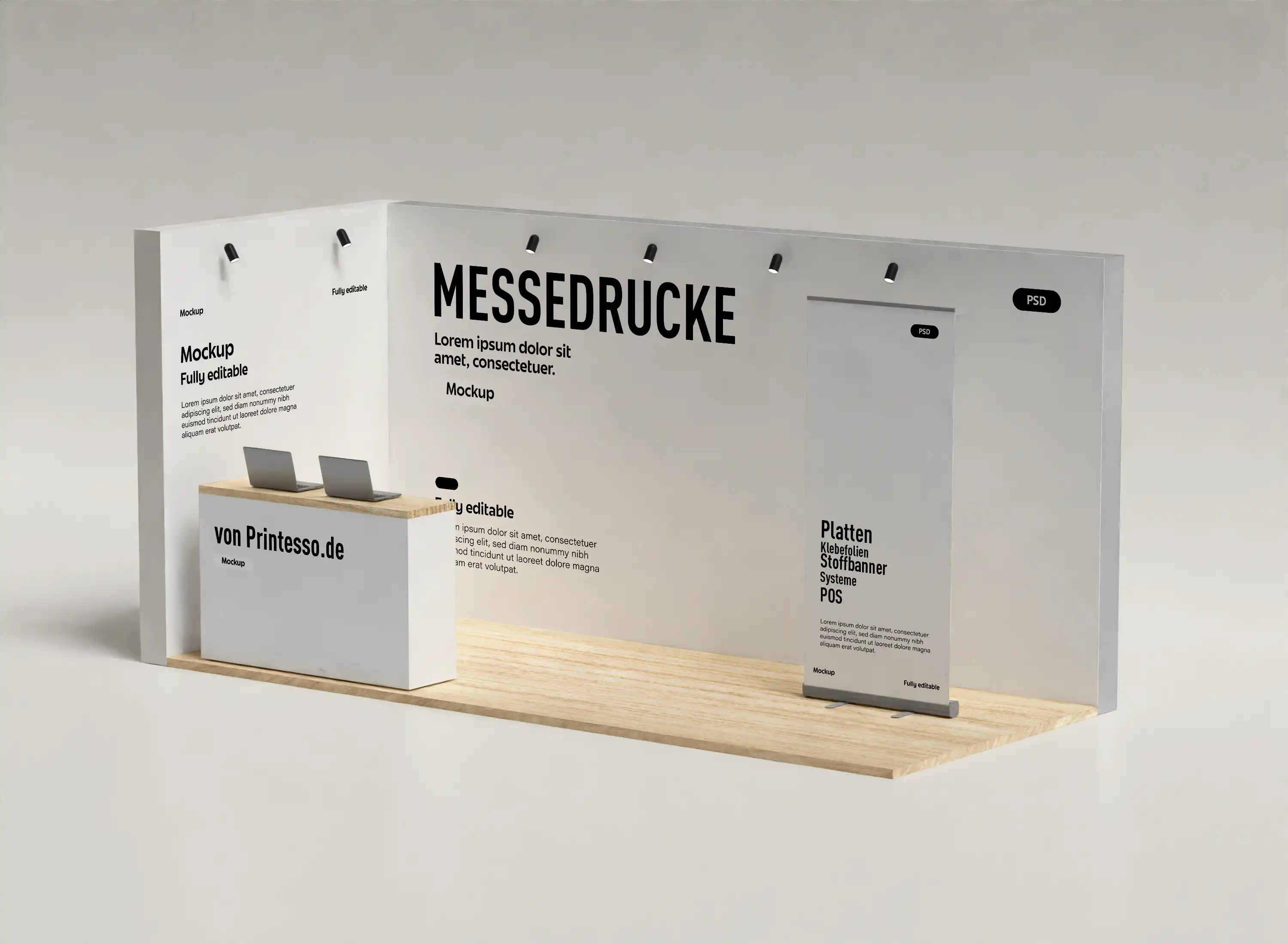 Ansicht eines Messestands mit Beispielen der Druckmöglichkeiten von Printesso.de